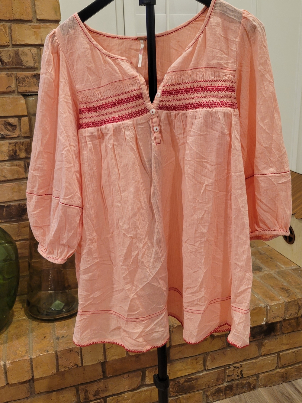 Free People Peach Pink Embroidered Peasant Blouse
